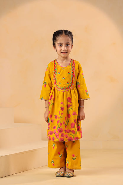 GIRL  GENDA PHOOL PRINT KURTA SET-MUSTARD YELLOW