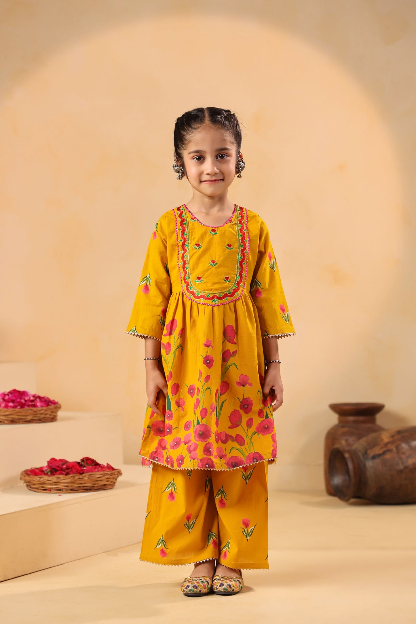 GIRL  GENDA PHOOL PRINT KURTA SET-MUSTARD YELLOW