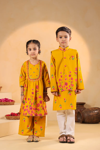 GIRL  GENDA PHOOL PRINT KURTA SET-MUSTARD YELLOW