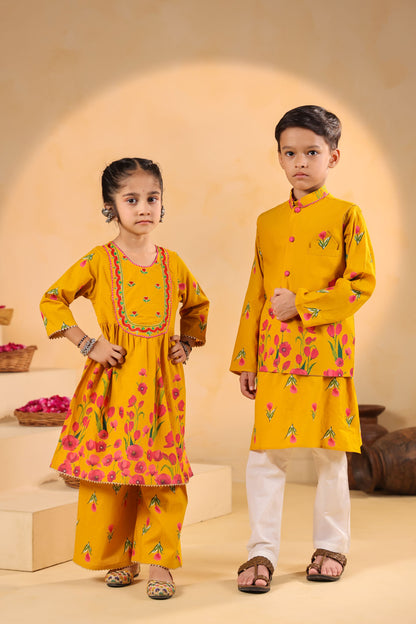GIRL  GENDA PHOOL PRINT KURTA SET-MUSTARD YELLOW