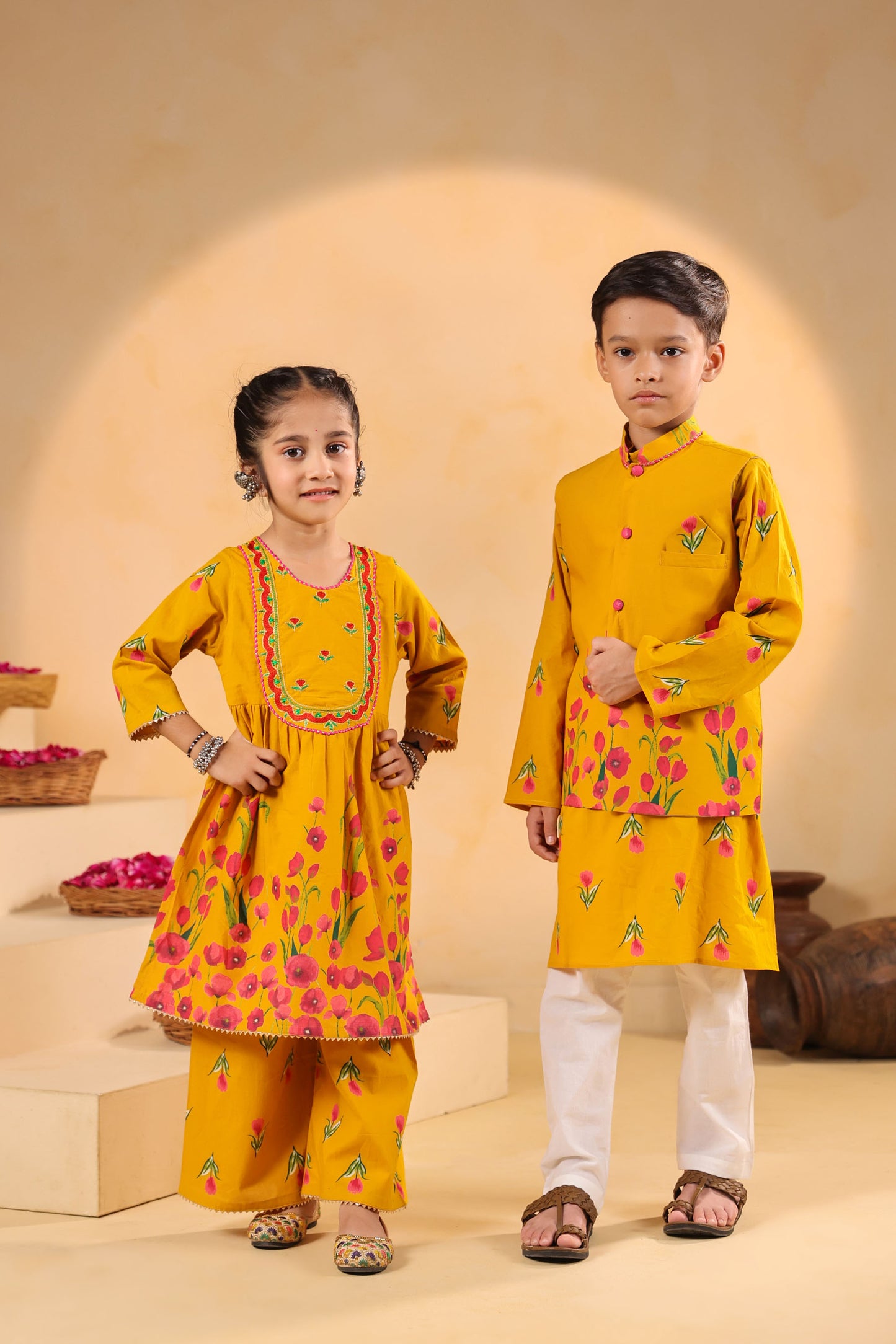 GIRL  GENDA PHOOL PRINT KURTA SET-MUSTARD YELLOW