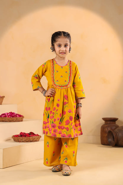 GIRL  GENDA PHOOL PRINT KURTA SET-MUSTARD YELLOW