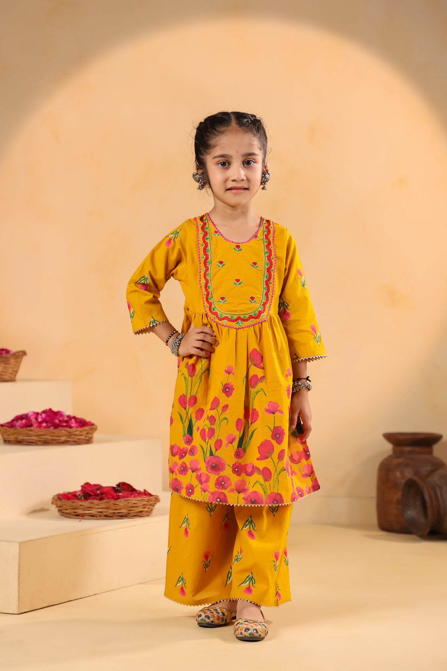 GIRL  GENDA PHOOL PRINT KURTA SET-MUSTARD YELLOW