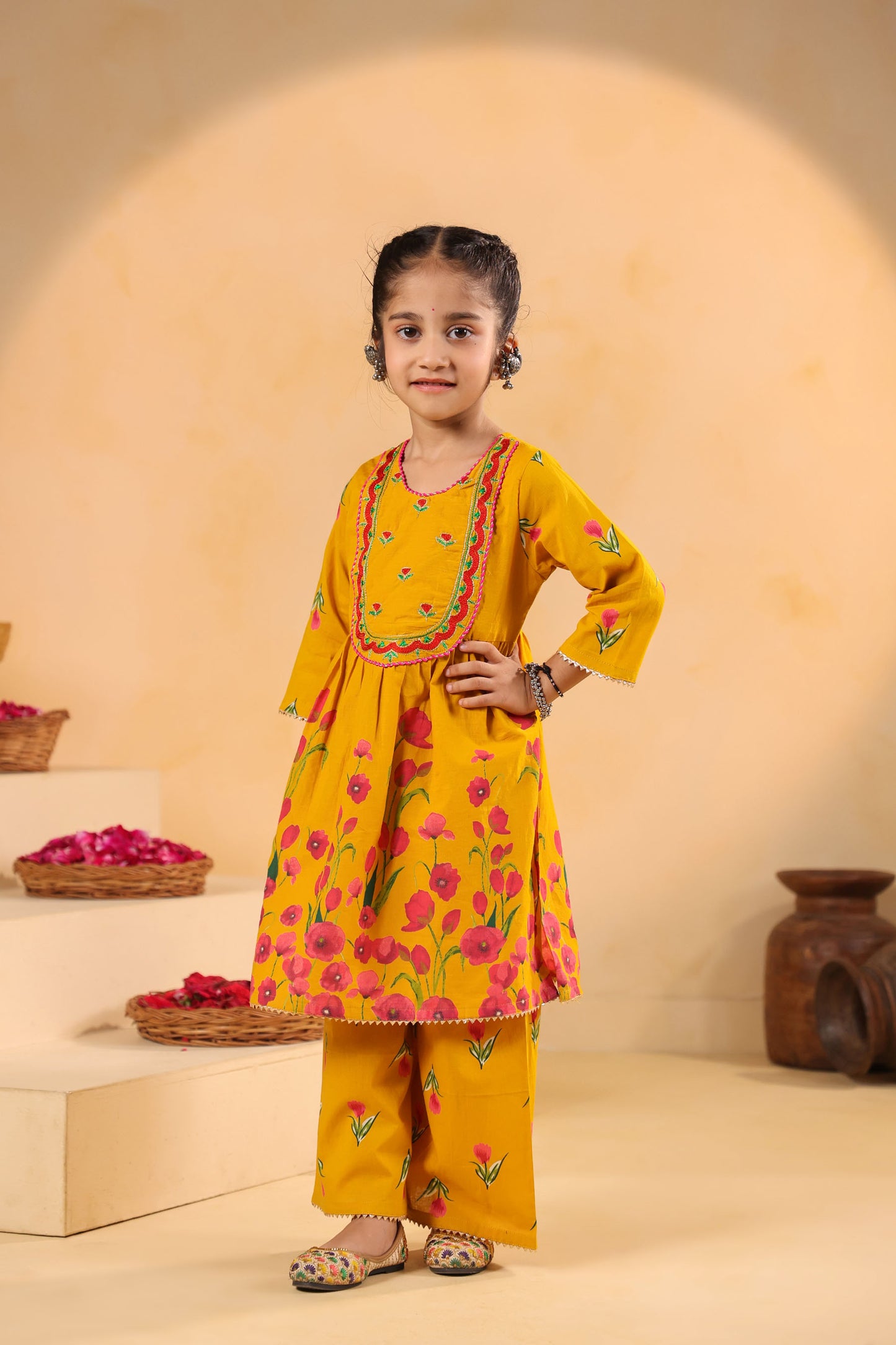 GIRL  GENDA PHOOL PRINT KURTA SET-MUSTARD YELLOW