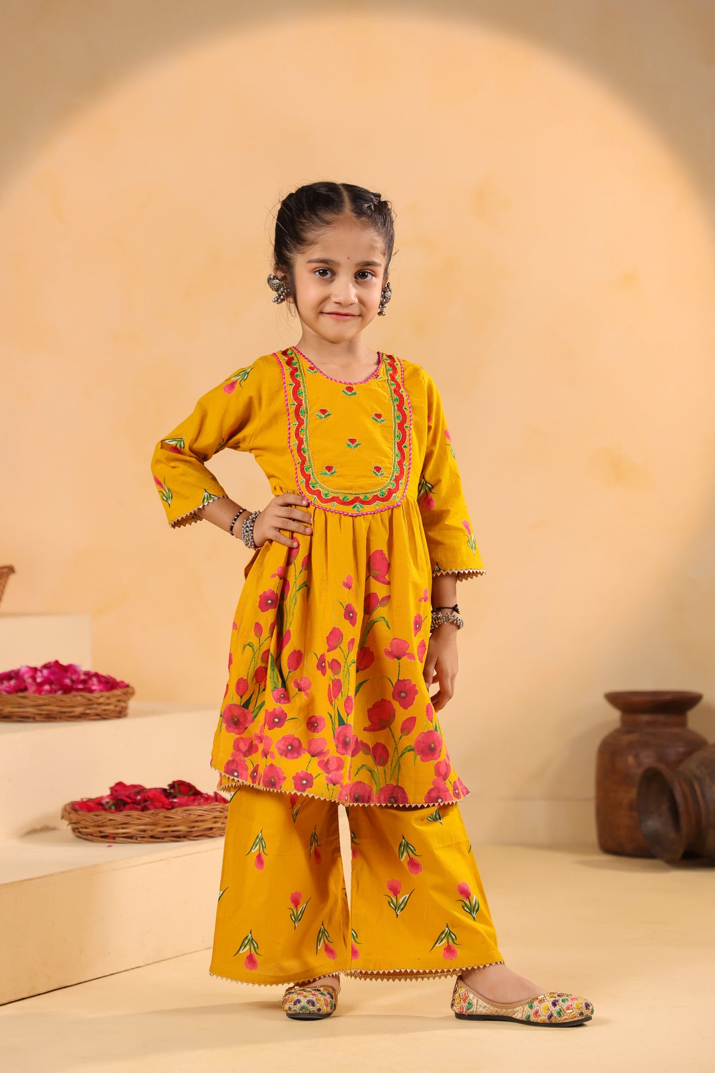 GIRL  GENDA PHOOL PRINT KURTA SET-MUSTARD YELLOW