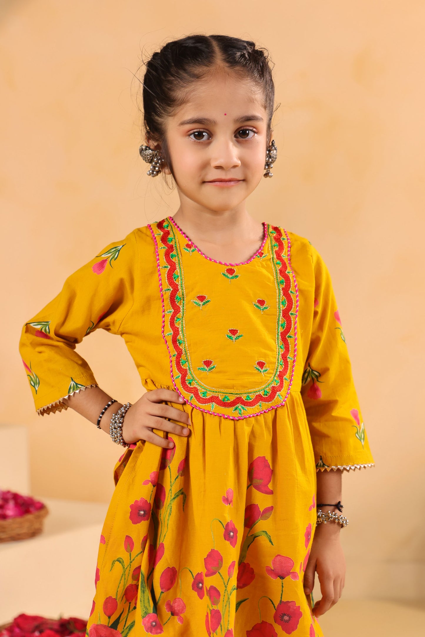 GIRL  GENDA PHOOL PRINT KURTA SET-MUSTARD YELLOW