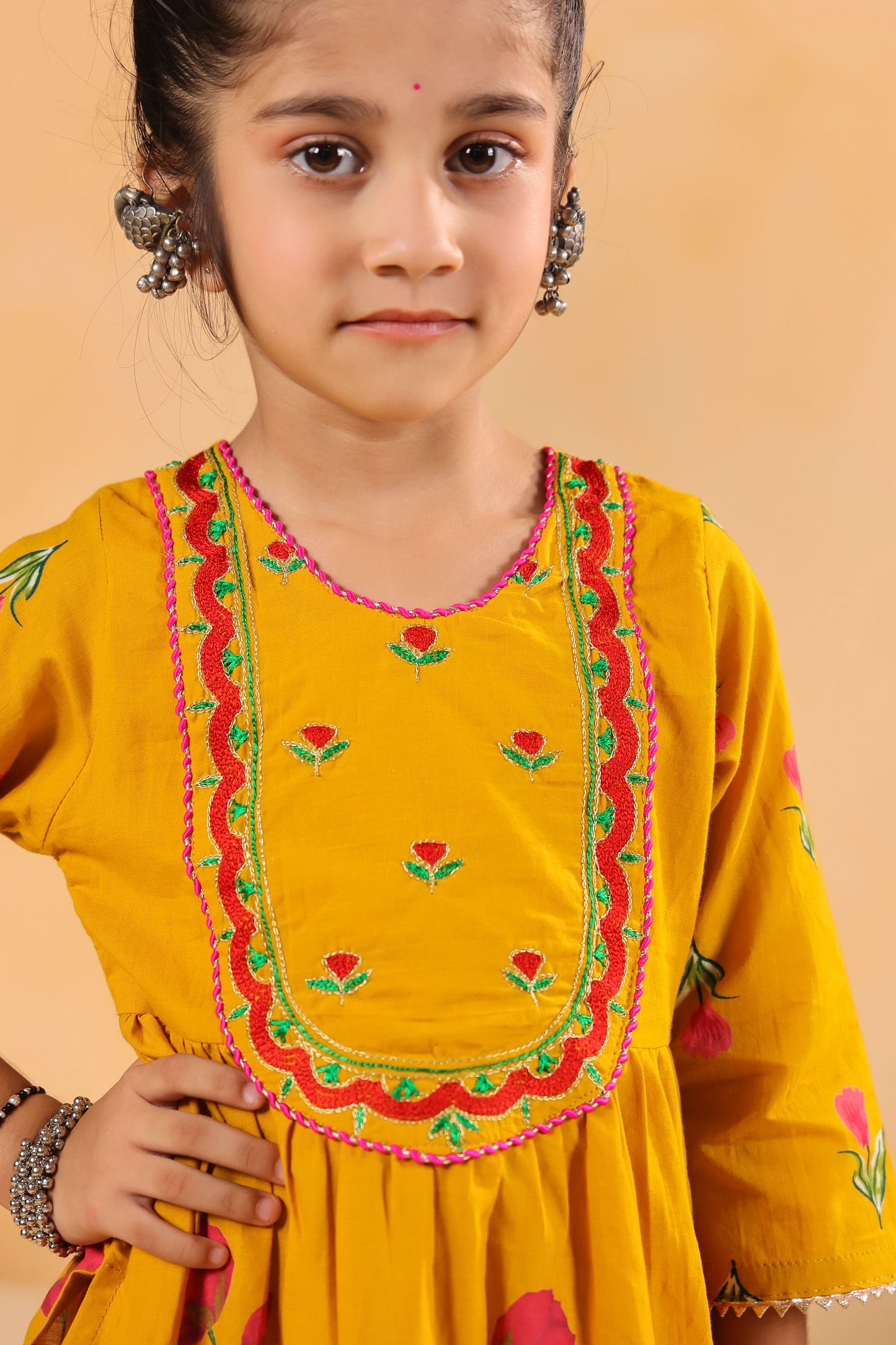 GIRL  GENDA PHOOL PRINT KURTA SET-MUSTARD YELLOW