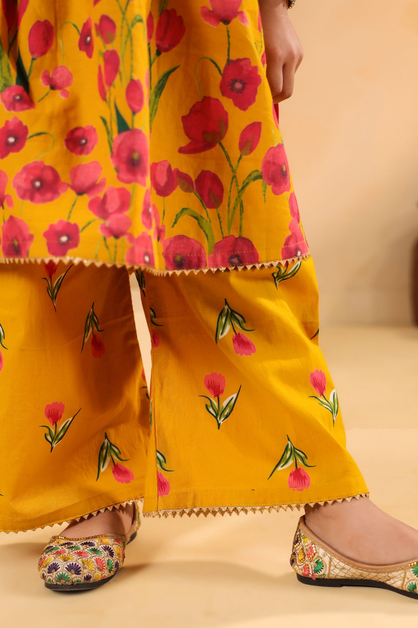 GIRL  GENDA PHOOL PRINT KURTA SET-MUSTARD YELLOW