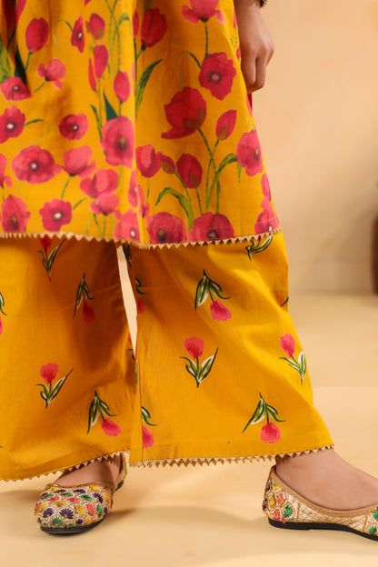 GIRL  GENDA PHOOL PRINT KURTA SET-MUSTARD YELLOW