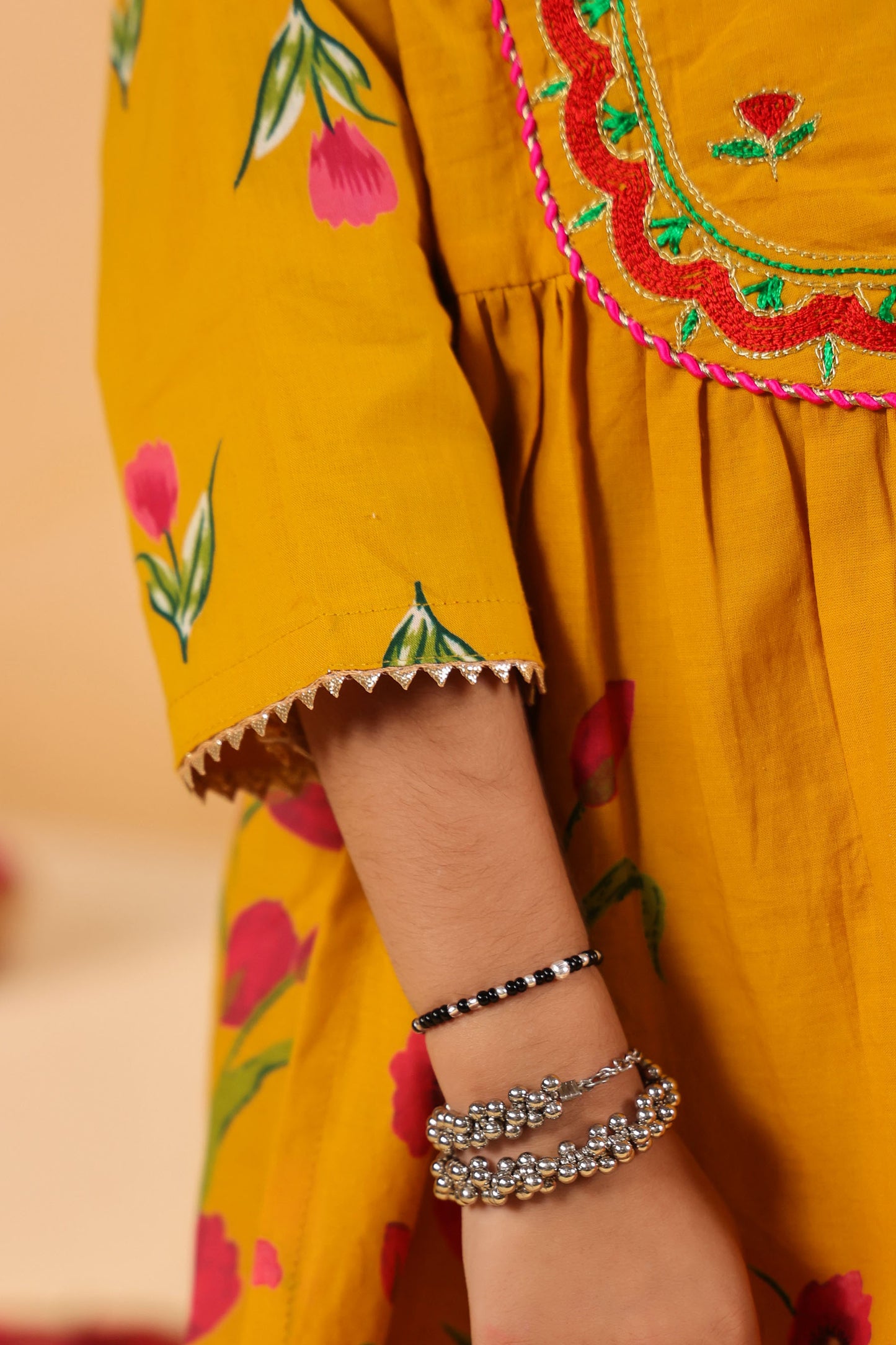 GIRL  GENDA PHOOL PRINT KURTA SET-MUSTARD YELLOW