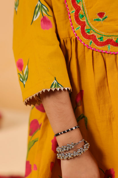 GIRL  GENDA PHOOL PRINT KURTA SET-MUSTARD YELLOW