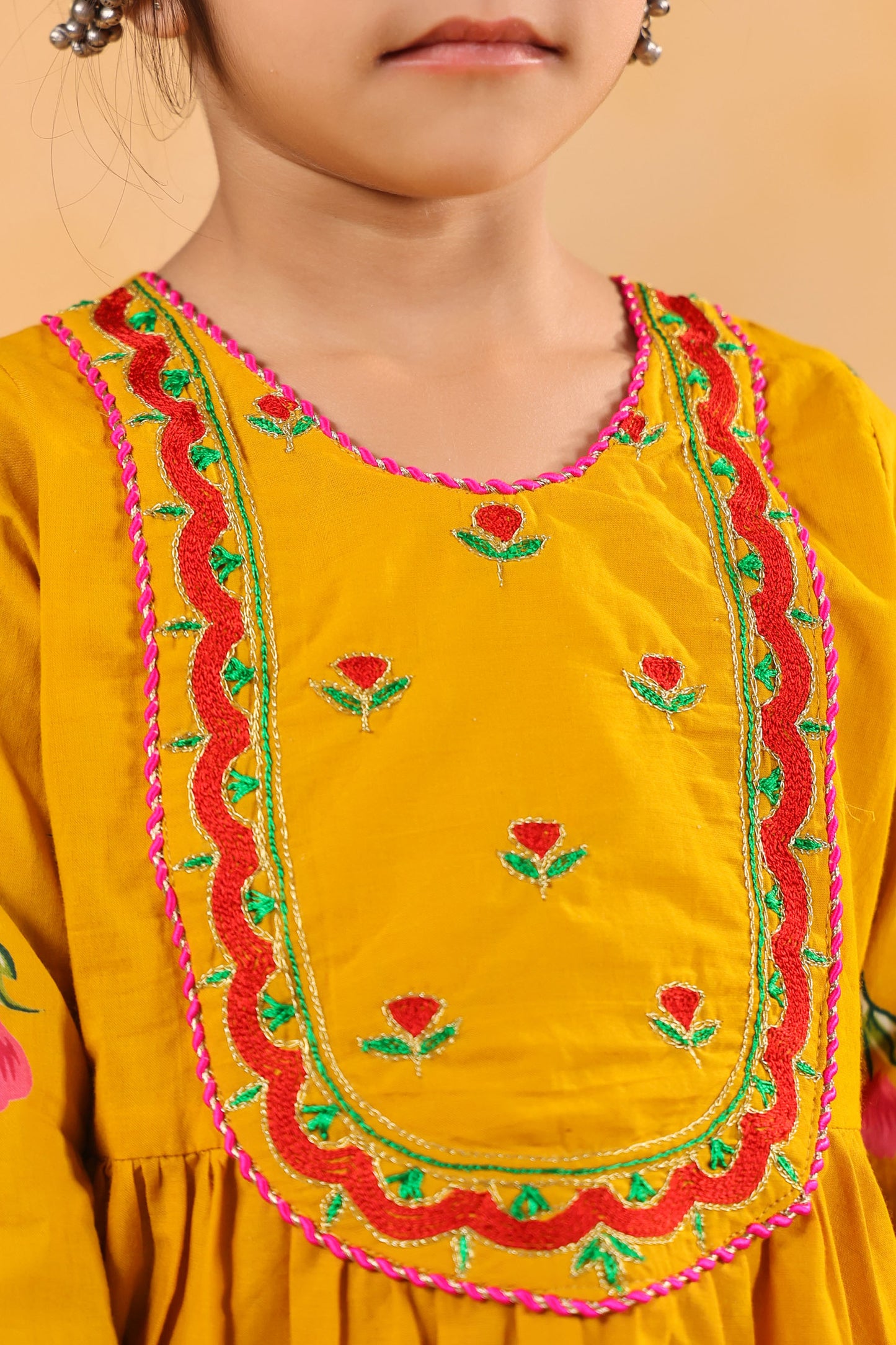 GIRL  GENDA PHOOL PRINT KURTA SET-MUSTARD YELLOW