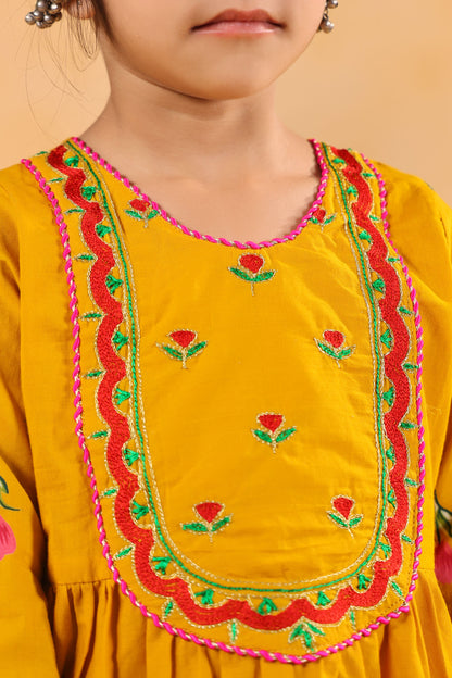GIRL  GENDA PHOOL PRINT KURTA SET-MUSTARD YELLOW