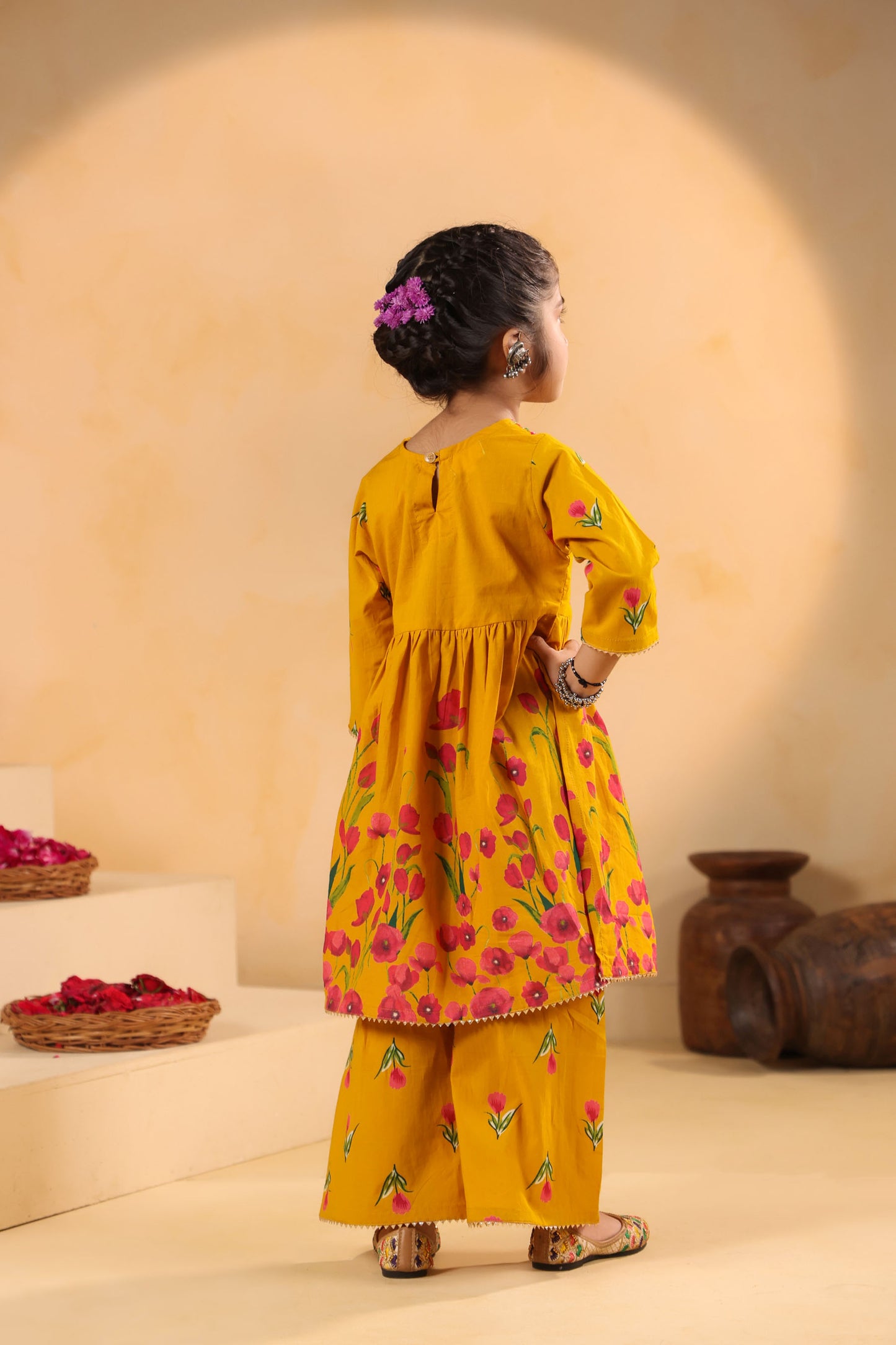 GIRL  GENDA PHOOL PRINT KURTA SET-MUSTARD YELLOW