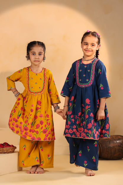 GIRL  GENDA PHOOL PRINT KURTA SET-MUSTARD YELLOW