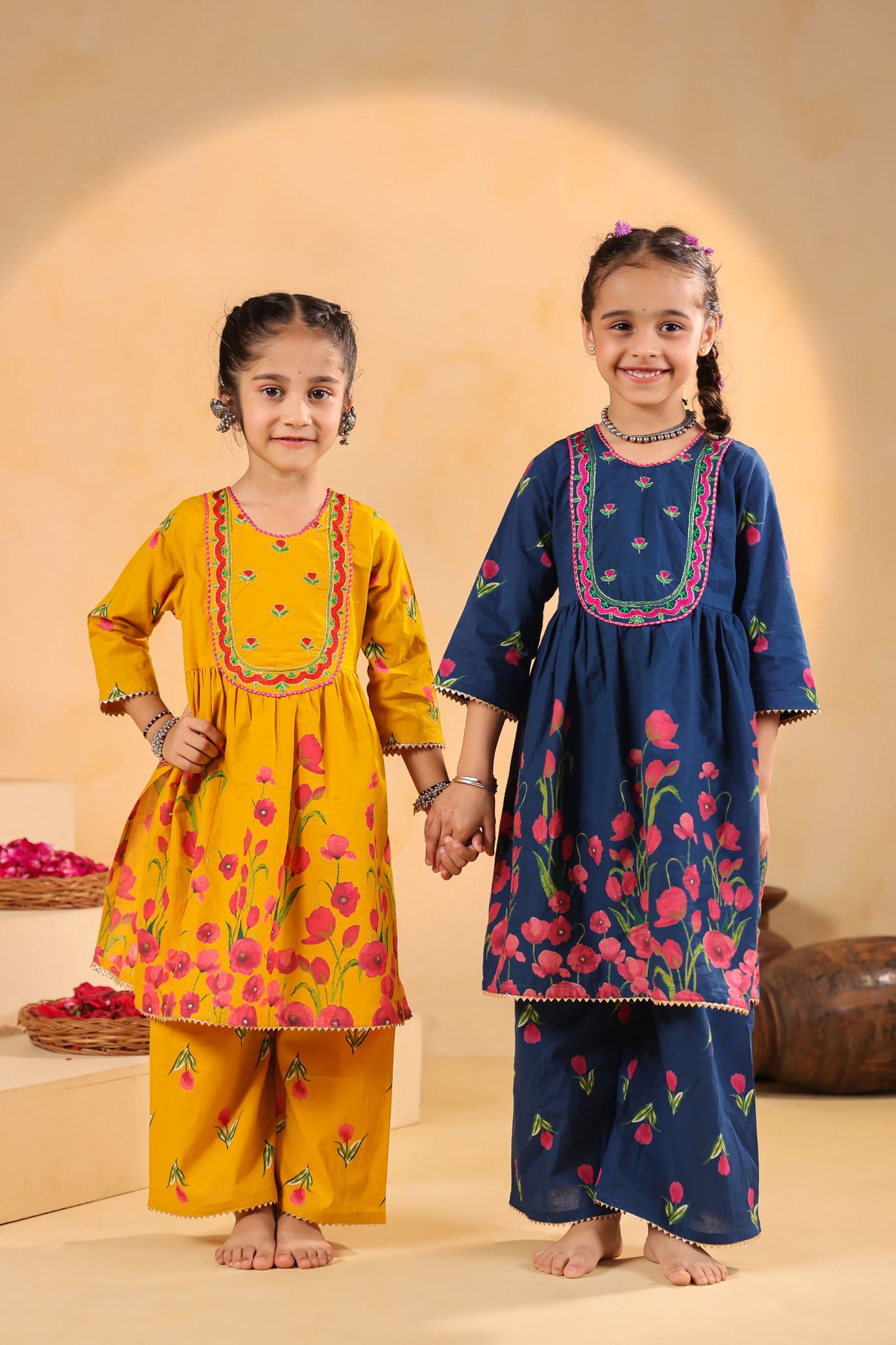 GIRL  GENDA PHOOL PRINT KURTA SET-MUSTARD YELLOW