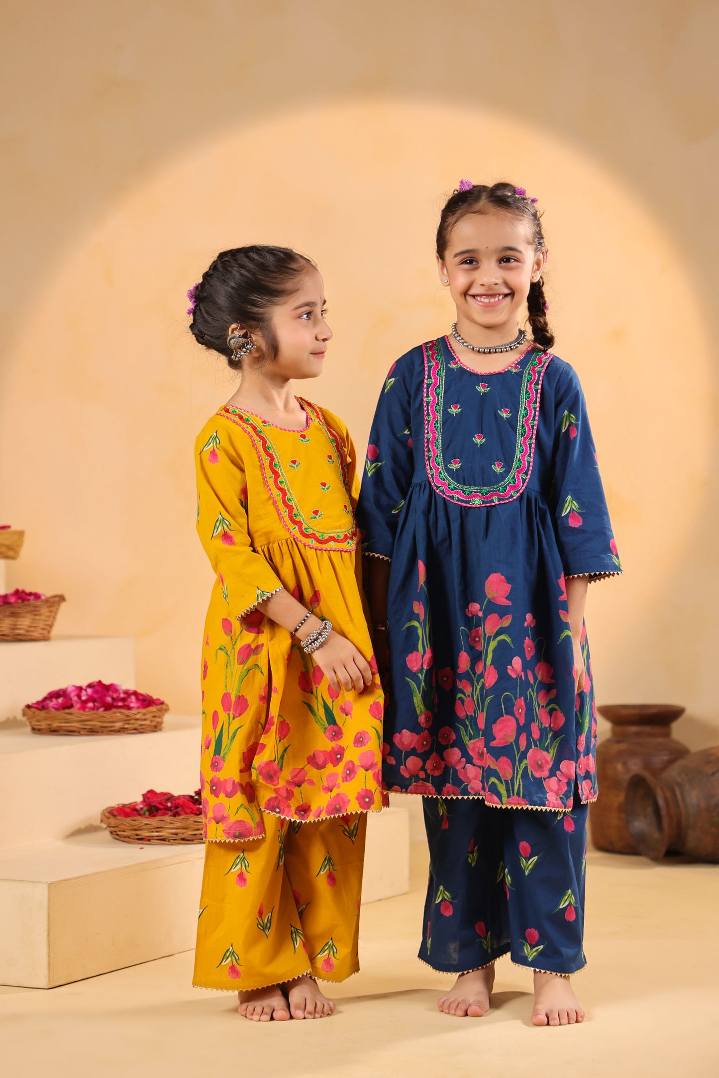 GIRL  GENDA PHOOL PRINT KURTA SET-MUSTARD YELLOW