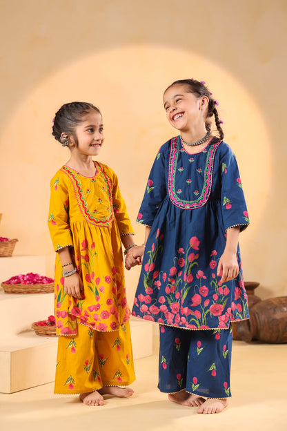 GIRL  GENDA PHOOL PRINT KURTA SET-MUSTARD YELLOW