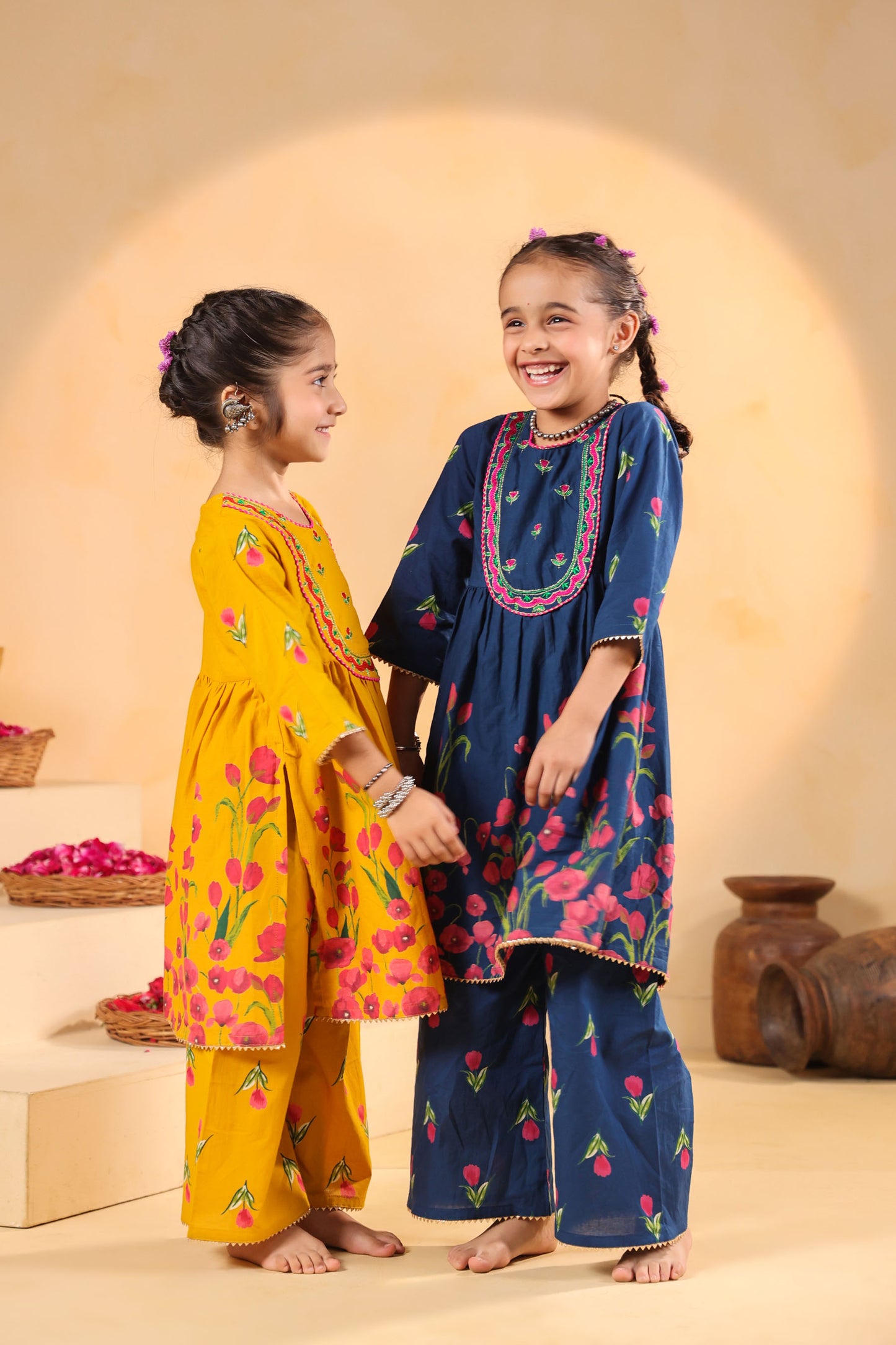 GIRL  GENDA PHOOL PRINT KURTA SET-MUSTARD YELLOW