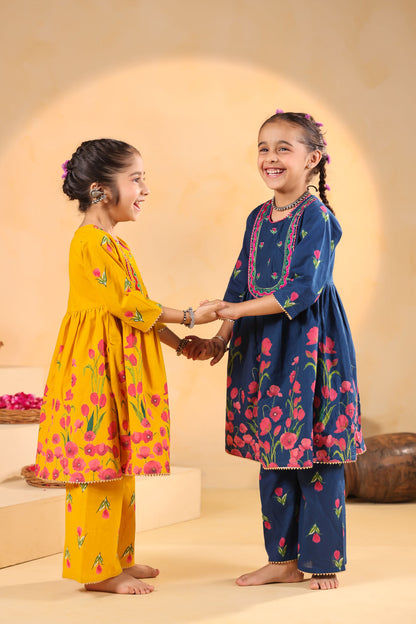 GIRL  GENDA PHOOL PRINT KURTA SET-MUSTARD YELLOW
