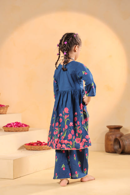 GIRL  GENDA PHOOL PRINT KURTA SET-TEALBLUE