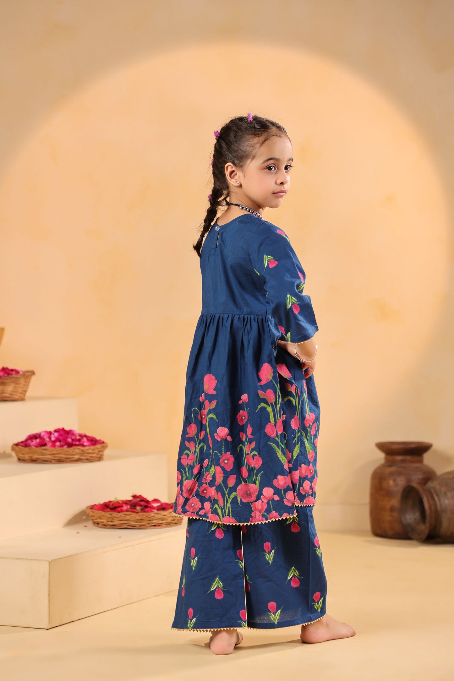 GIRL  GENDA PHOOL PRINT KURTA SET-TEALBLUE