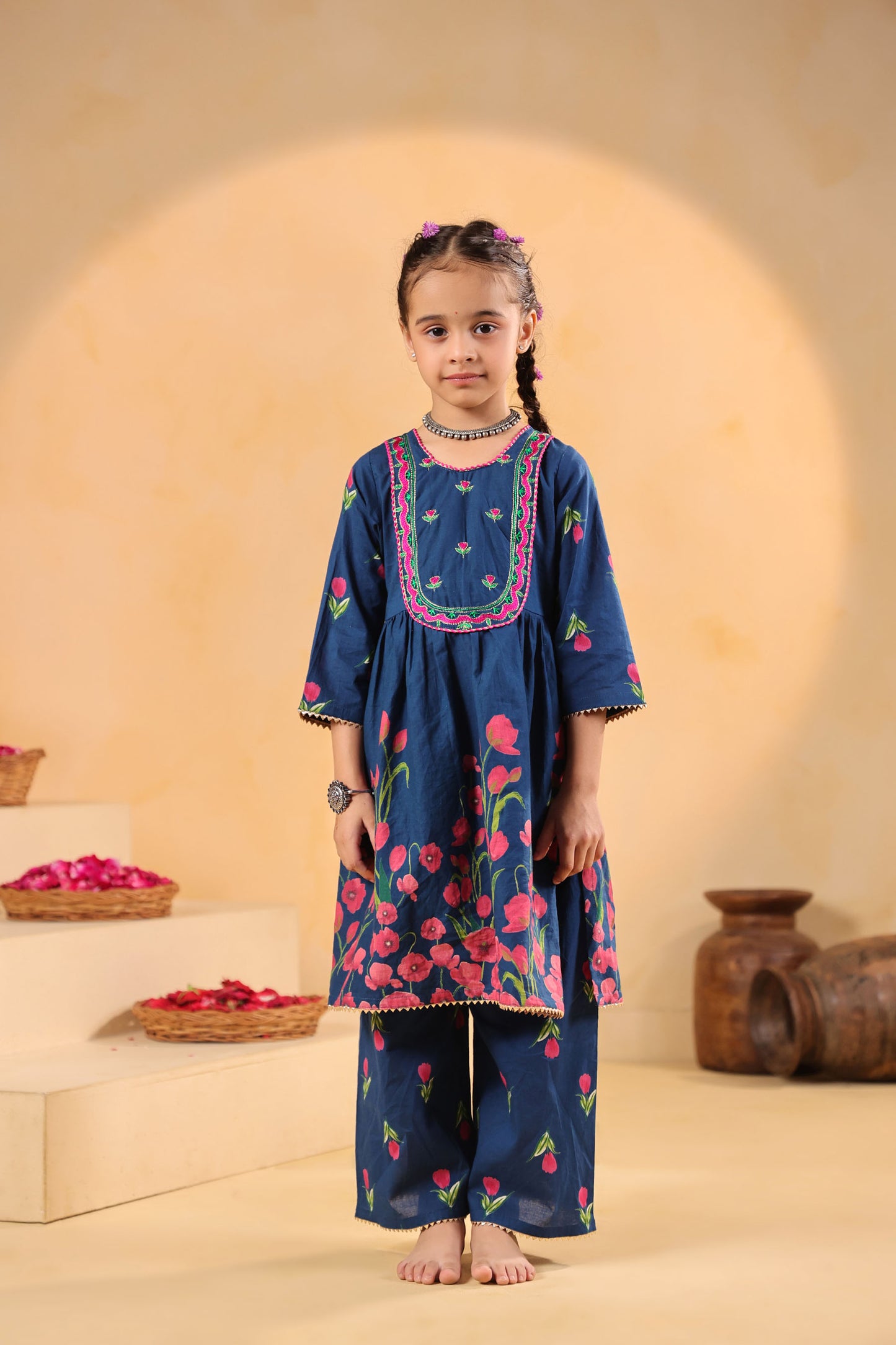 GIRL  GENDA PHOOL PRINT KURTA SET-TEALBLUE