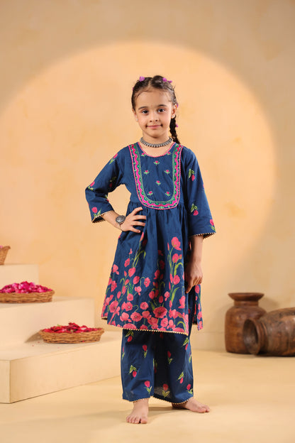 GIRL  GENDA PHOOL PRINT KURTA SET-TEALBLUE