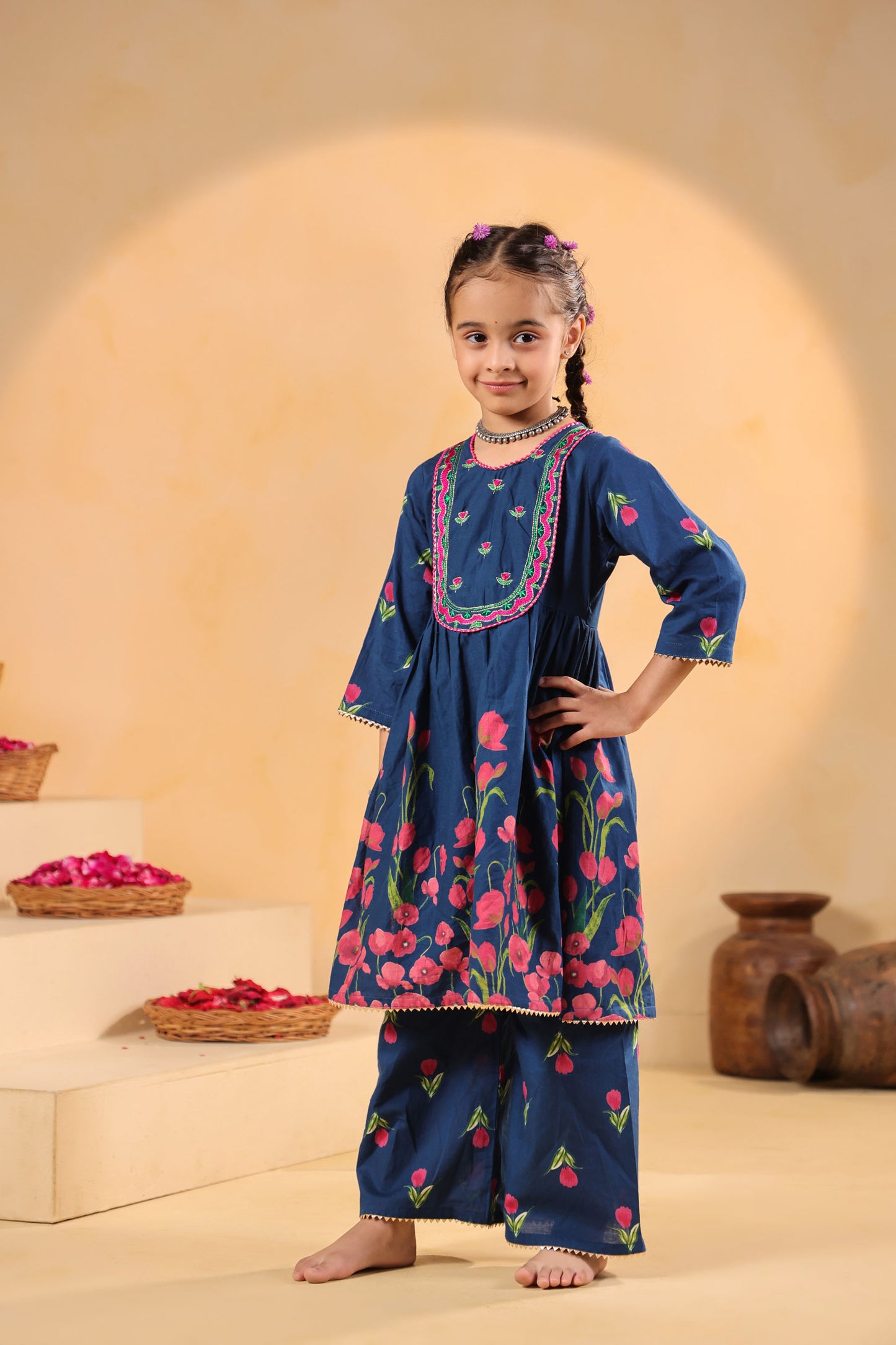 GIRL  GENDA PHOOL PRINT KURTA SET-TEALBLUE