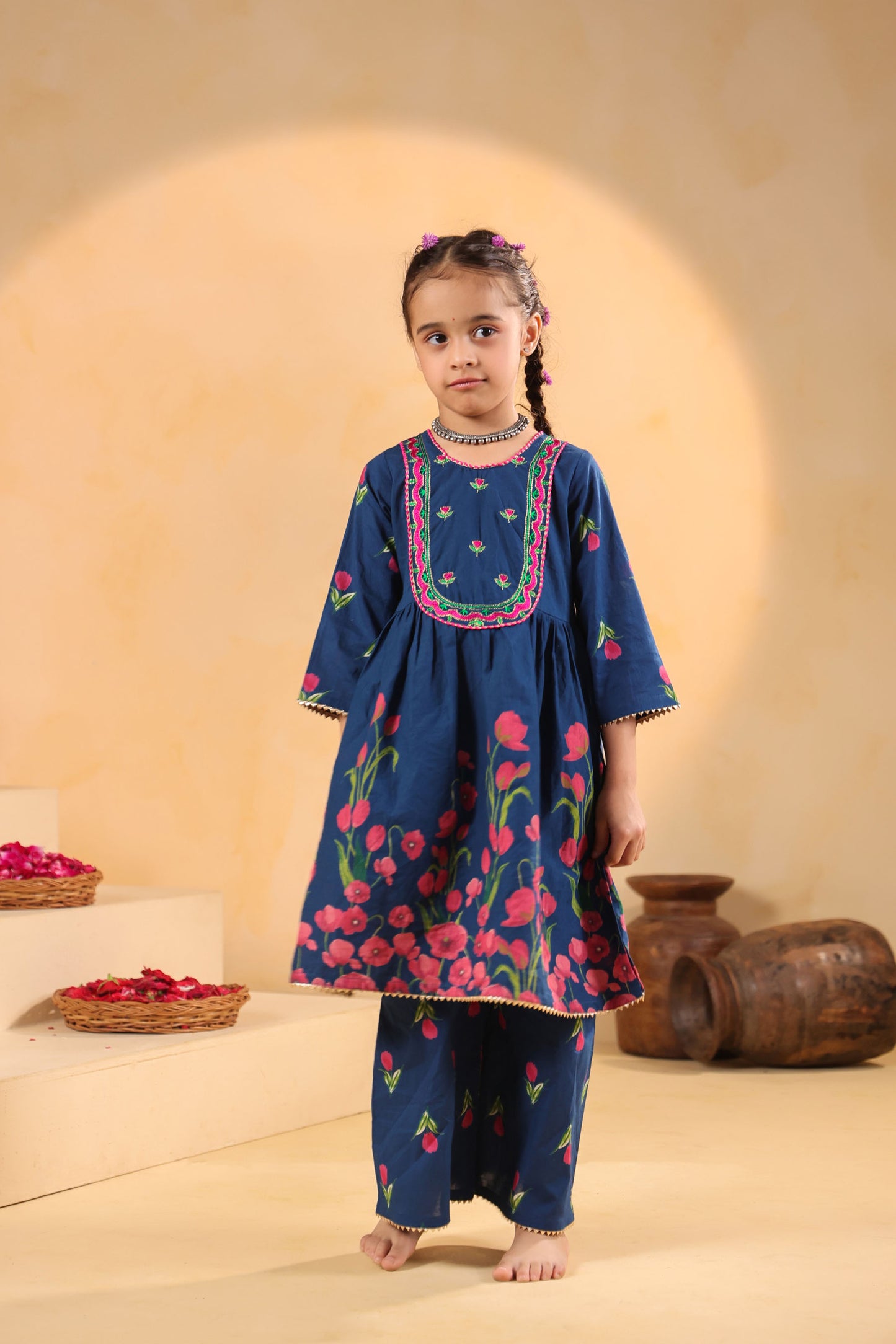GIRL  GENDA PHOOL PRINT KURTA SET-TEALBLUE