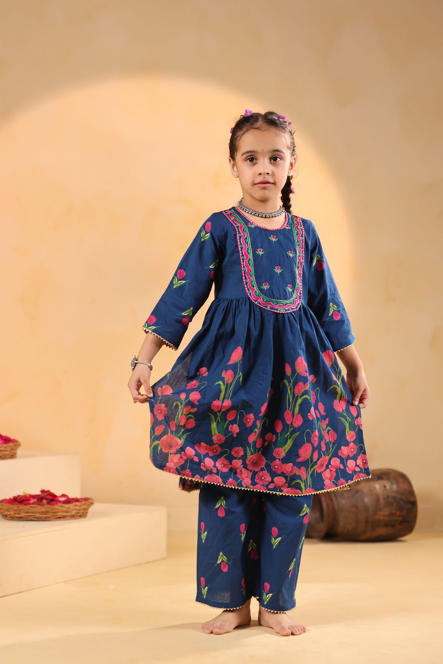 GIRL  GENDA PHOOL PRINT KURTA SET-TEALBLUE