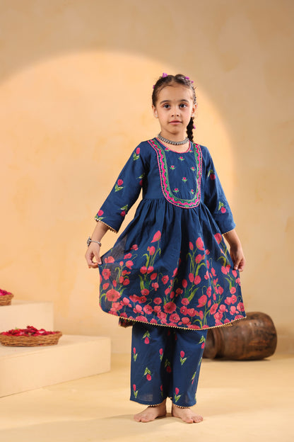 GIRL  GENDA PHOOL PRINT KURTA SET-TEALBLUE