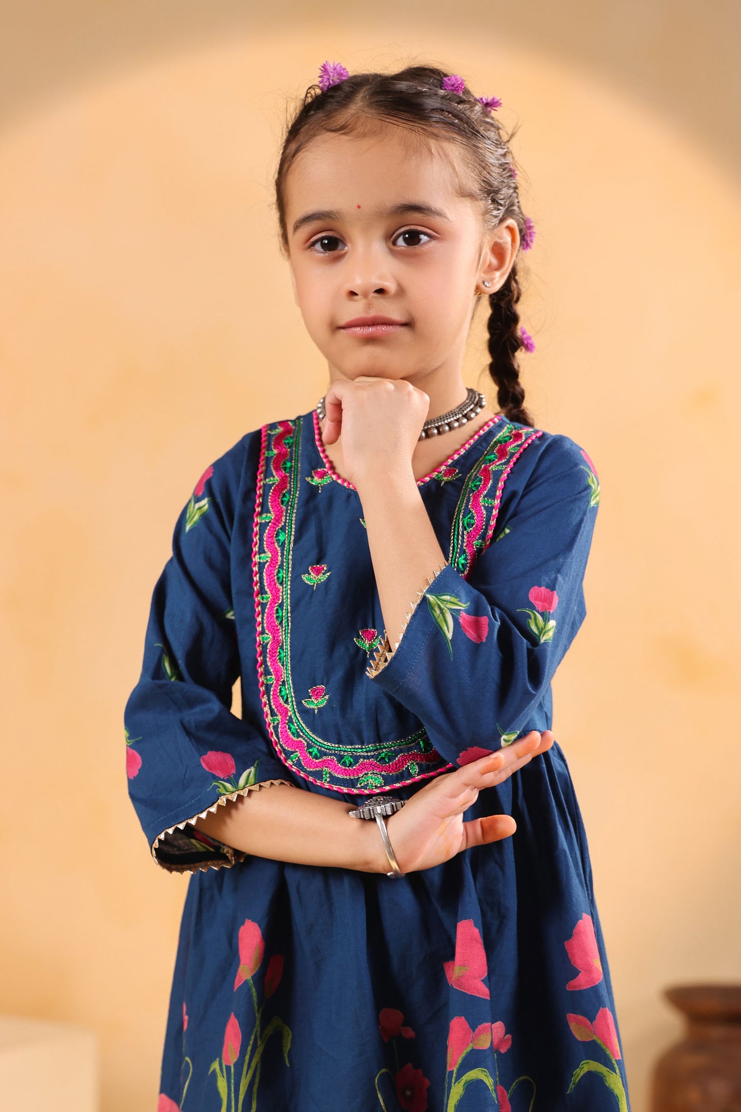 GIRL  GENDA PHOOL PRINT KURTA SET-TEALBLUE