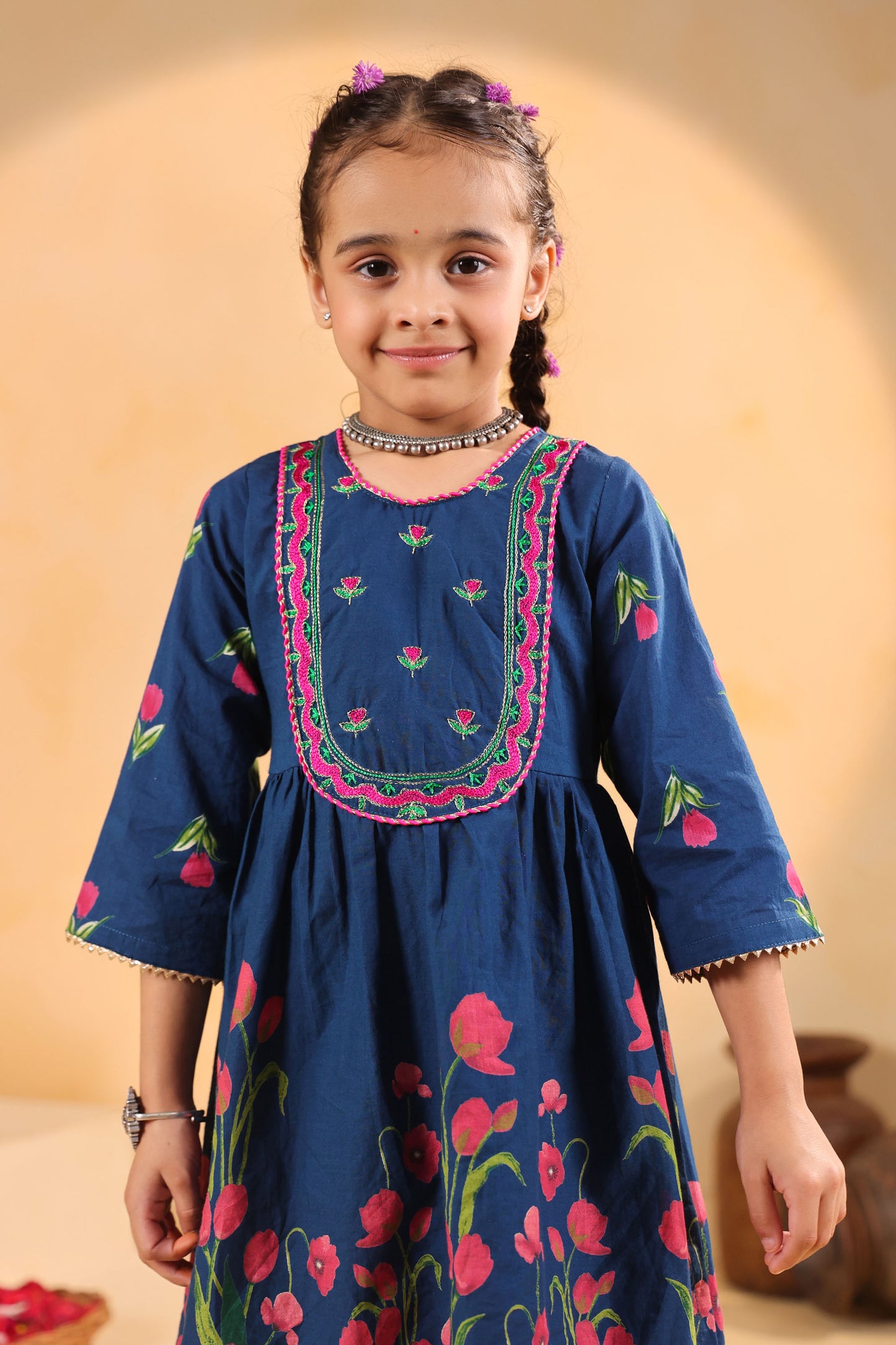GIRL  GENDA PHOOL PRINT KURTA SET-TEALBLUE