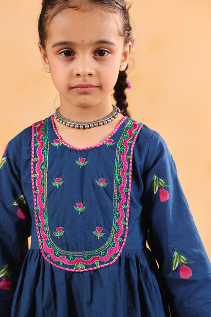 GIRL  GENDA PHOOL PRINT KURTA SET-TEALBLUE