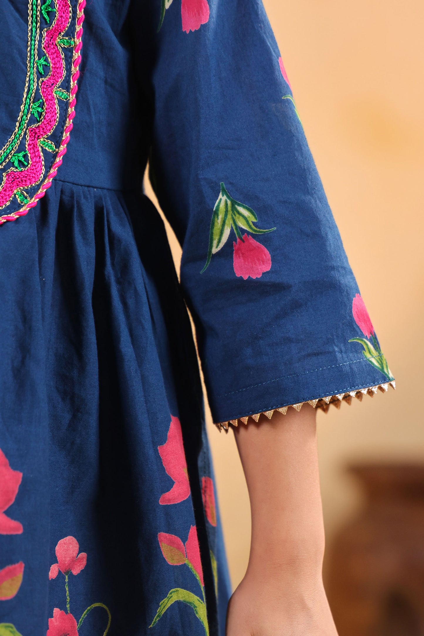 GIRL  GENDA PHOOL PRINT KURTA SET-TEALBLUE