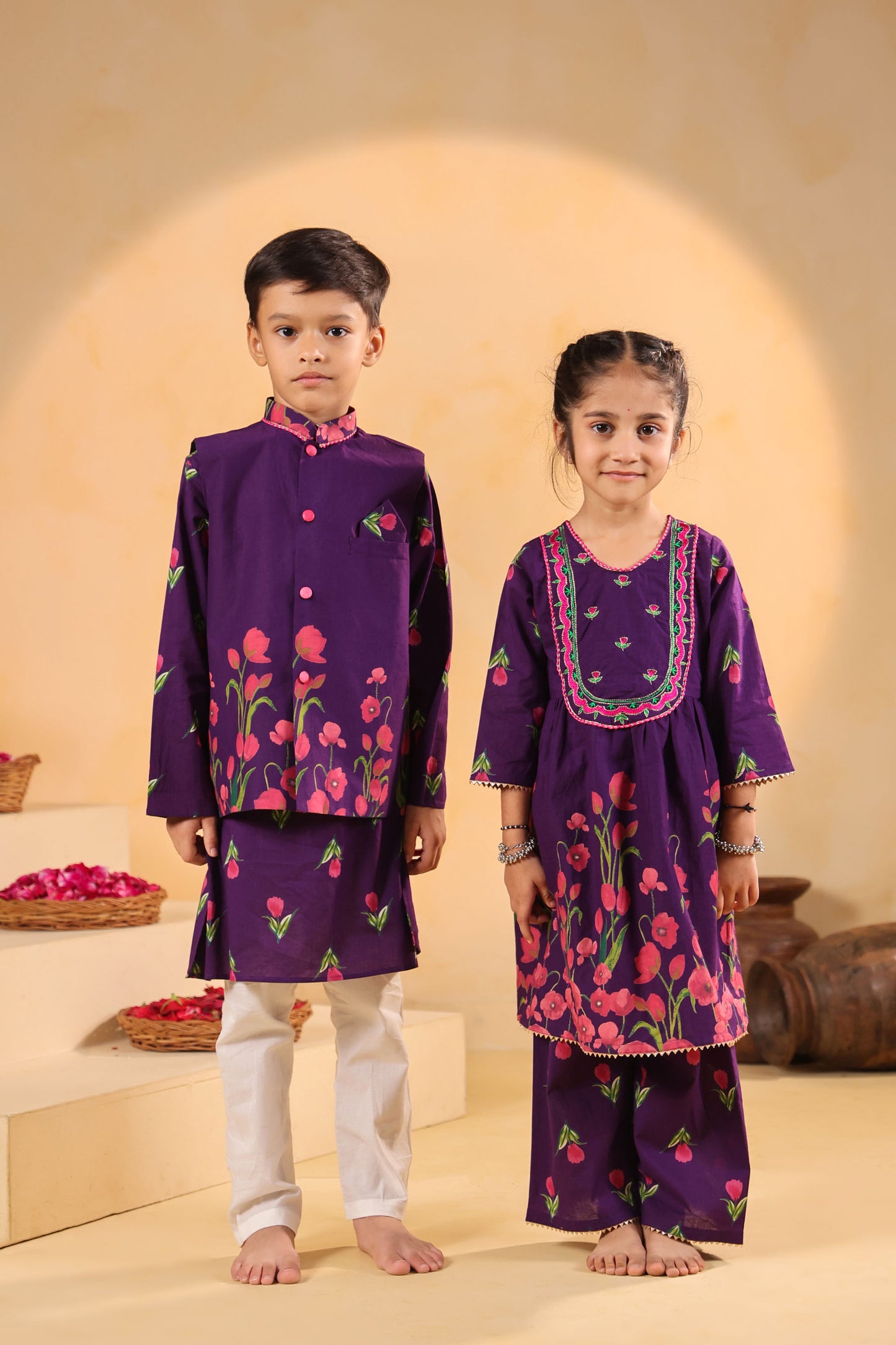 GIRL  GENDA PHOOL PRINT KURTA SET - PURPLE