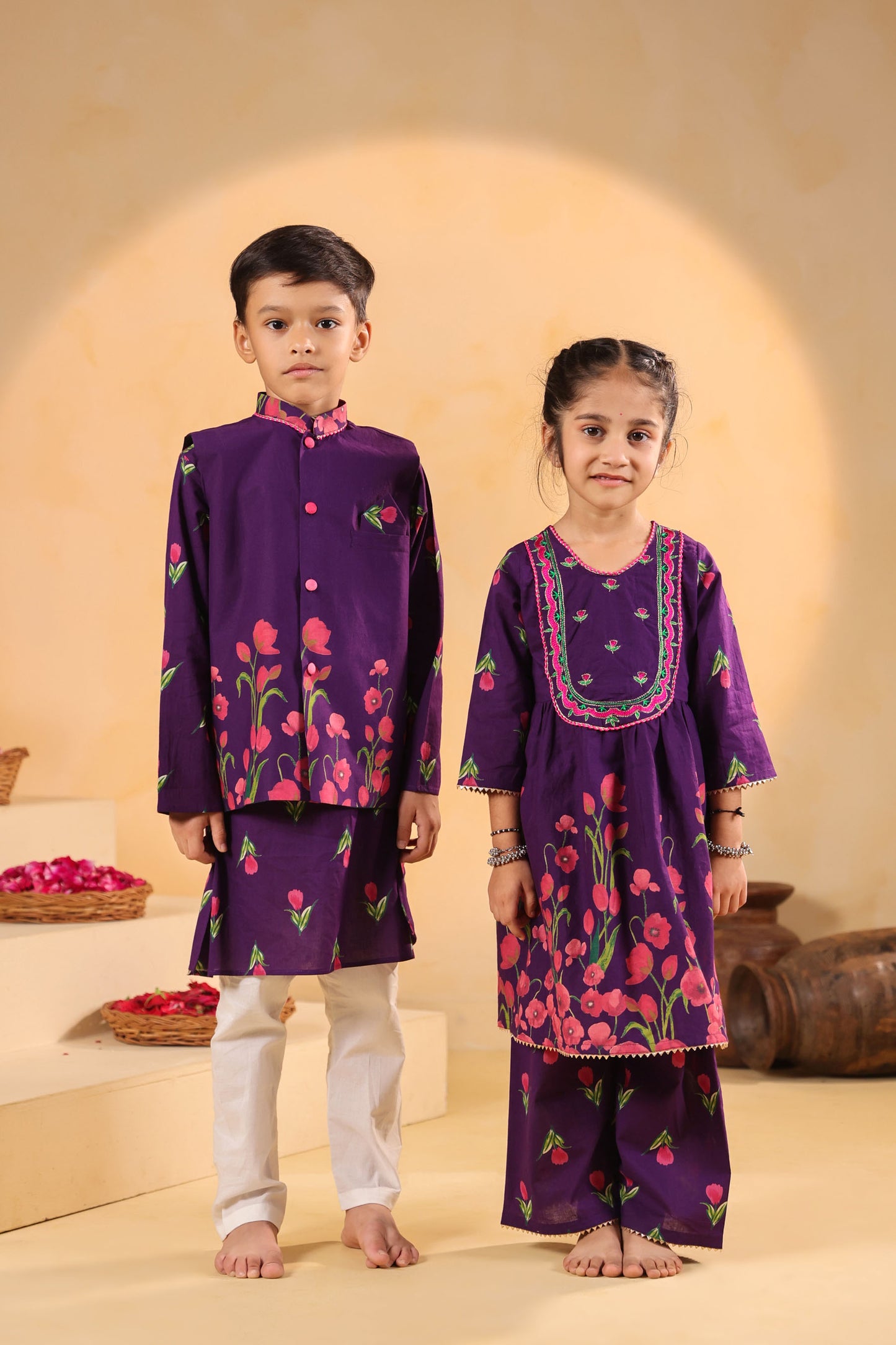 GIRL  GENDA PHOOL PRINT KURTA SET - PURPLE