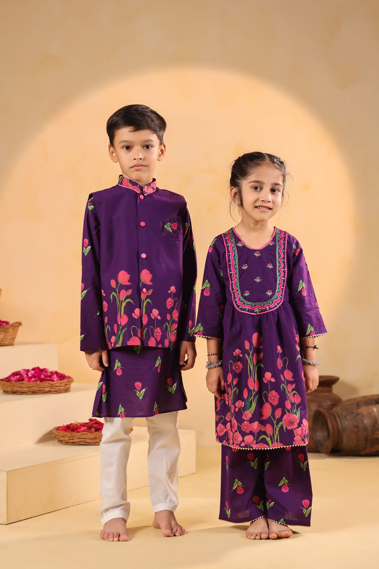 GIRL  GENDA PHOOL PRINT KURTA SET - PURPLE
