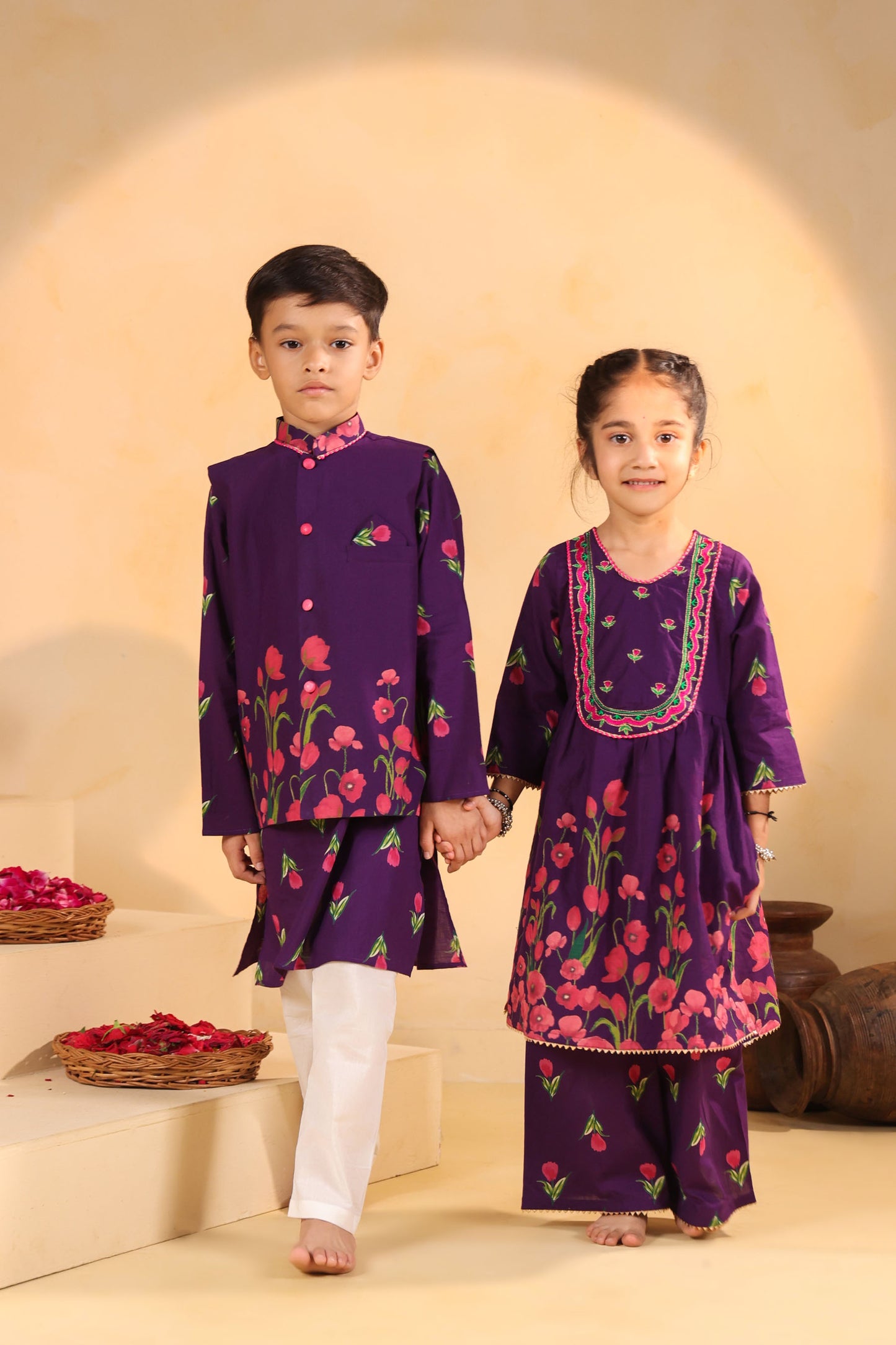 GIRL  GENDA PHOOL PRINT KURTA SET - PURPLE
