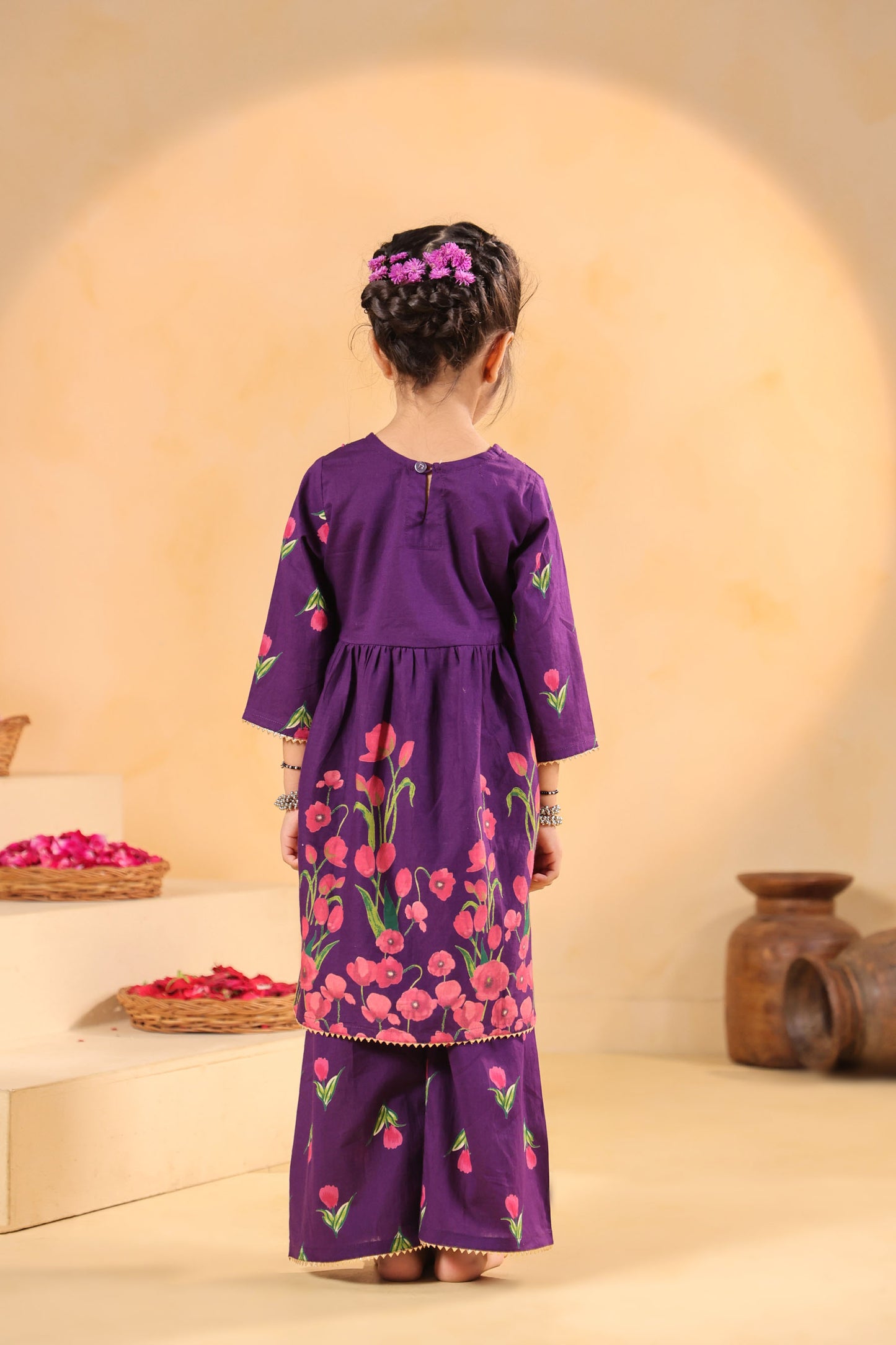 GIRL  GENDA PHOOL PRINT KURTA SET - PURPLE