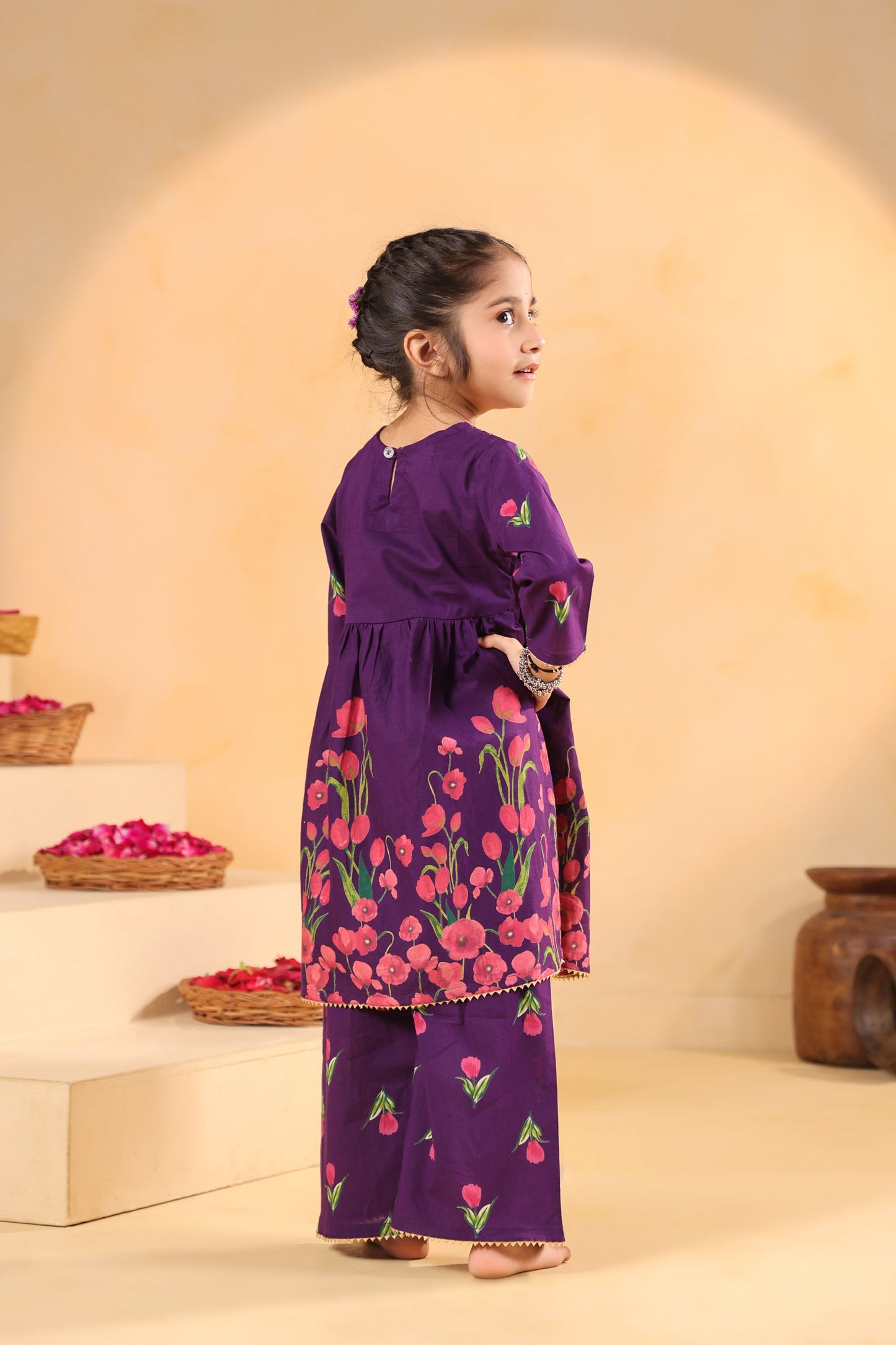 GIRL  GENDA PHOOL PRINT KURTA SET - PURPLE