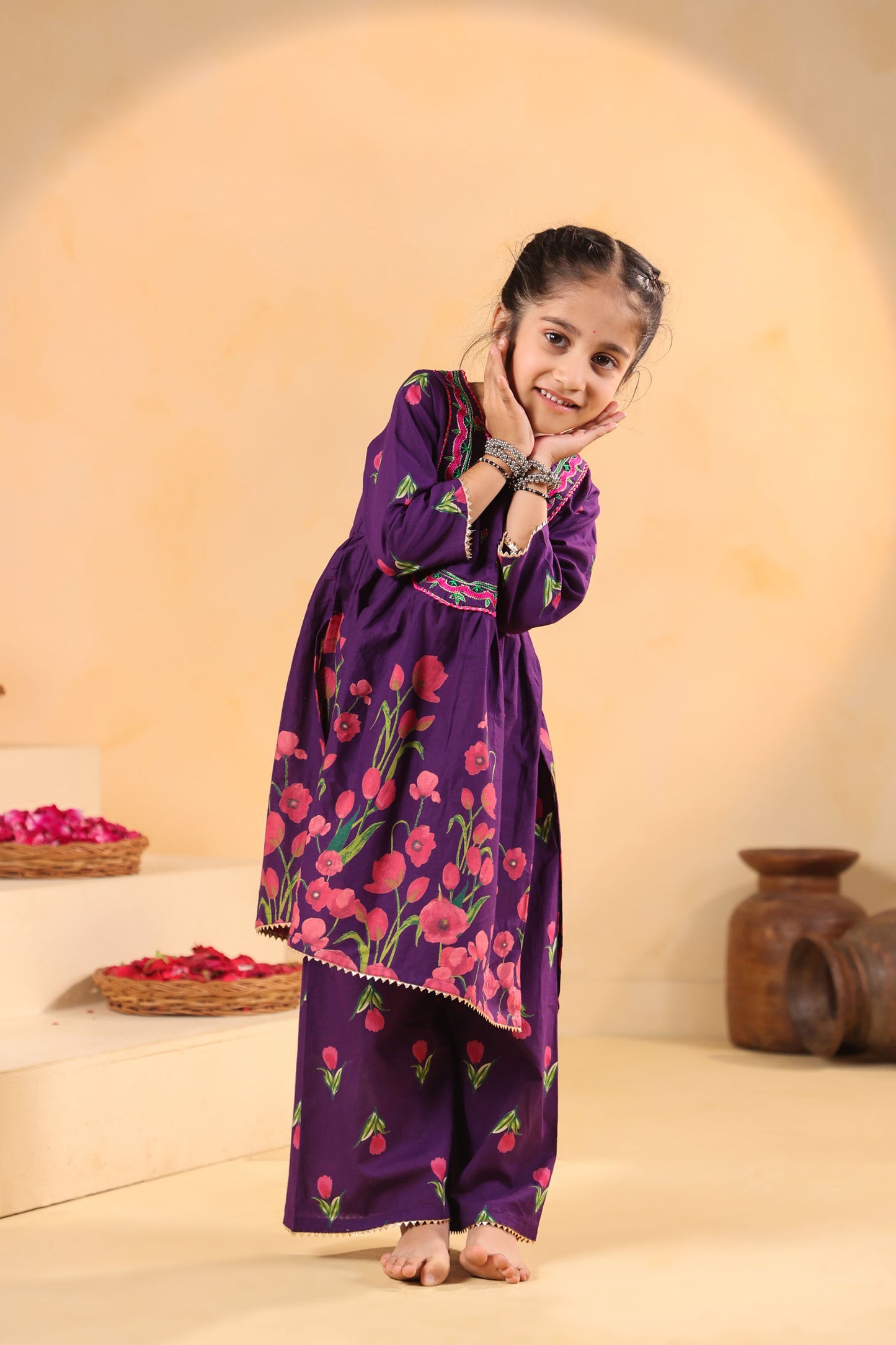 GIRL  GENDA PHOOL PRINT KURTA SET - PURPLE