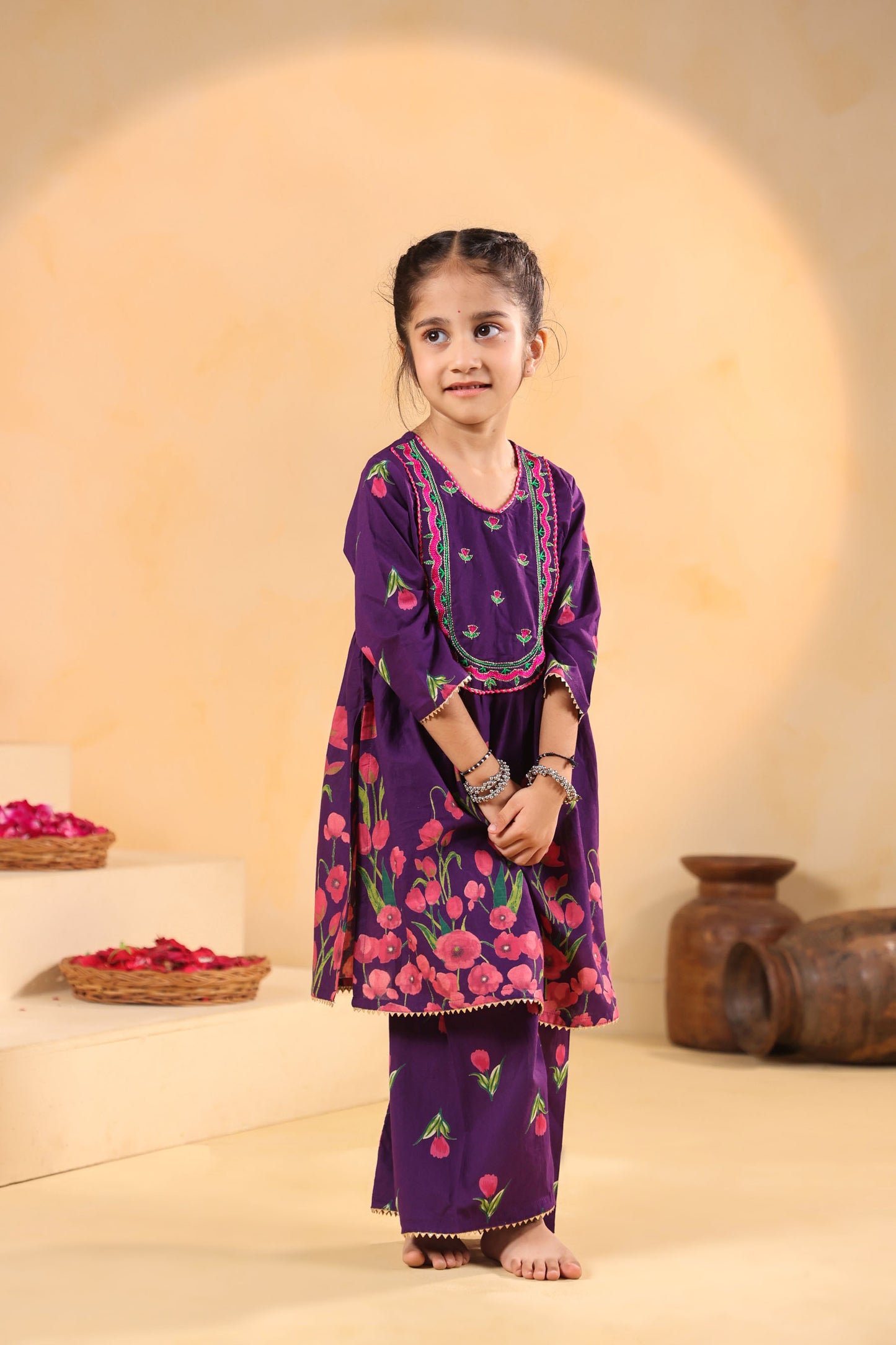 GIRL  GENDA PHOOL PRINT KURTA SET - PURPLE