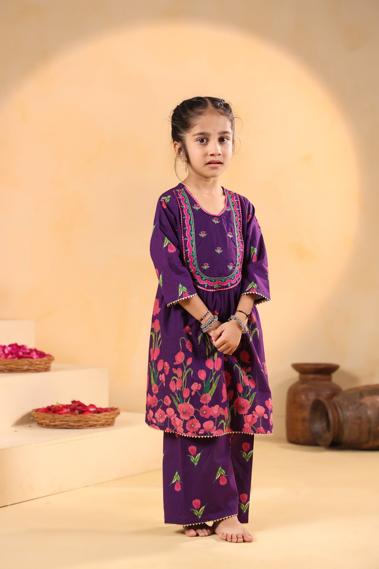 GIRL  GENDA PHOOL PRINT KURTA SET - PURPLE