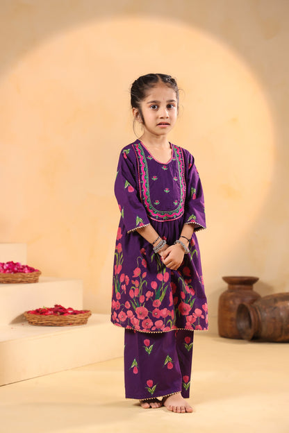 GIRL  GENDA PHOOL PRINT KURTA SET - PURPLE