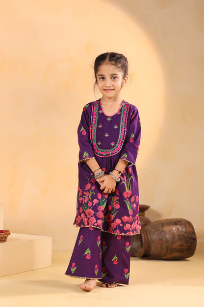 GIRL  GENDA PHOOL PRINT KURTA SET - PURPLE