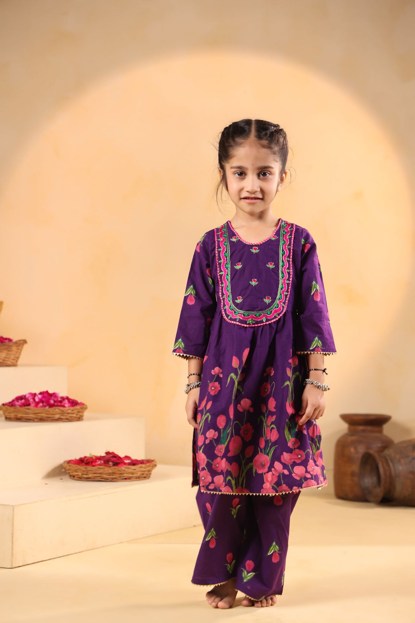 GIRL  GENDA PHOOL PRINT KURTA SET - PURPLE