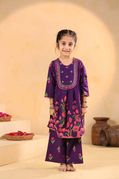 GIRL  GENDA PHOOL PRINT KURTA SET - PURPLE