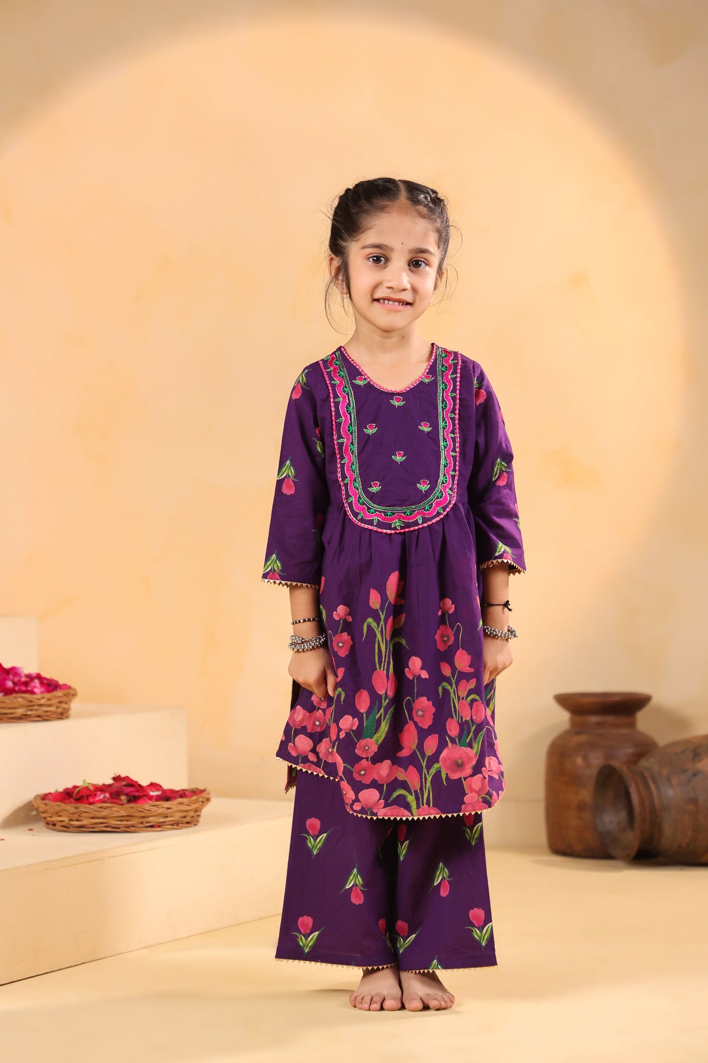 GIRL  GENDA PHOOL PRINT KURTA SET - PURPLE